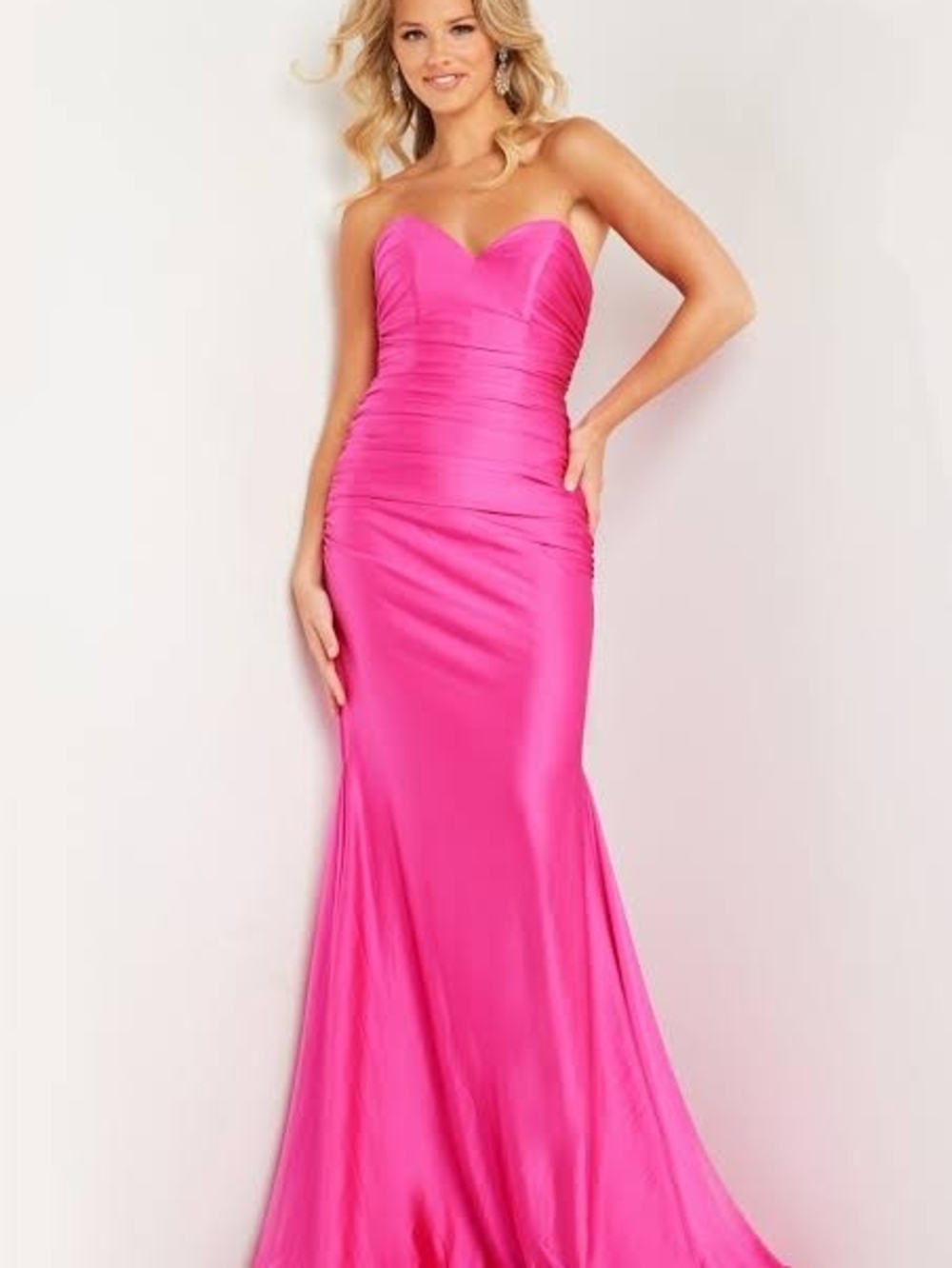 Jovani Strapless Sweetheart Ruched Gown in Hot Pink
